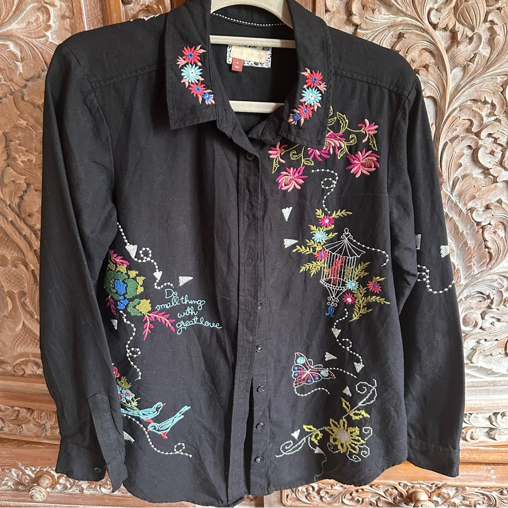 Pilcro Black Shirt with Pink, Blue and Coral Floral Embroidery